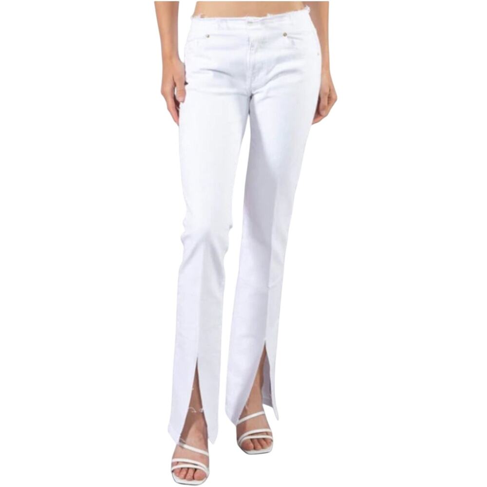 Frame Women’s white jeans, raw hem at waist, split flare hem, Size 24